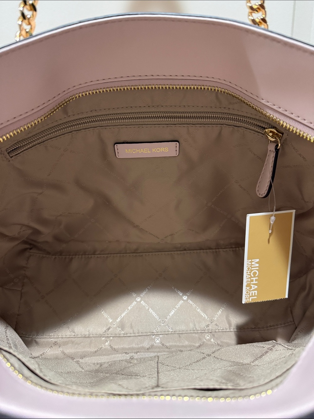 Michael Kors Blush Pink Pebbled Leather Chain-Handle Zipper Top NWT Tote - Picture 11 of 15